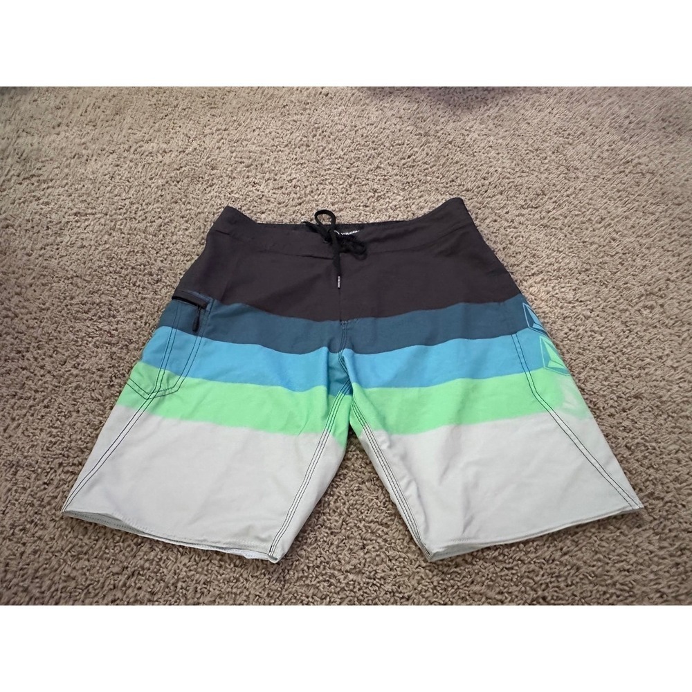 Men's board Shorts Volcom swim trunks has side pocket in back blue green 32